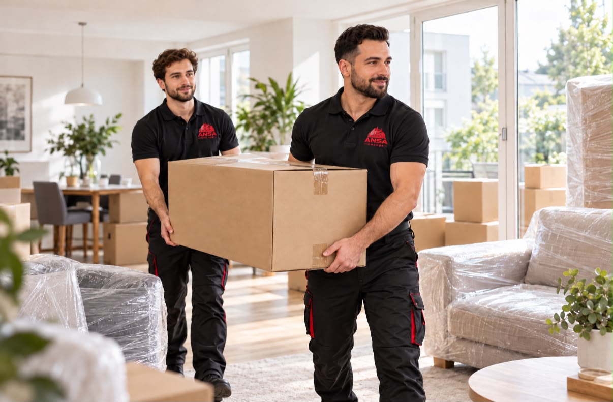 Privatumzug in Dietzenbach: Umzugshelfer tragen Kartons in eine Wohnung
